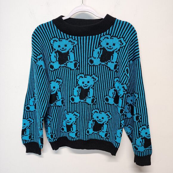 Vintage 80s Adele Knitwear Teddy Bear Sweater Size M Blue Allover Print Retro - Picture 4 of 10